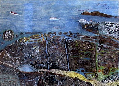 An abstract, textured landscape painting showing a coastal scene with water at the top, small boats, and a patchwork of dark land areas intersected by lines and shapes suggesting roads or fields.